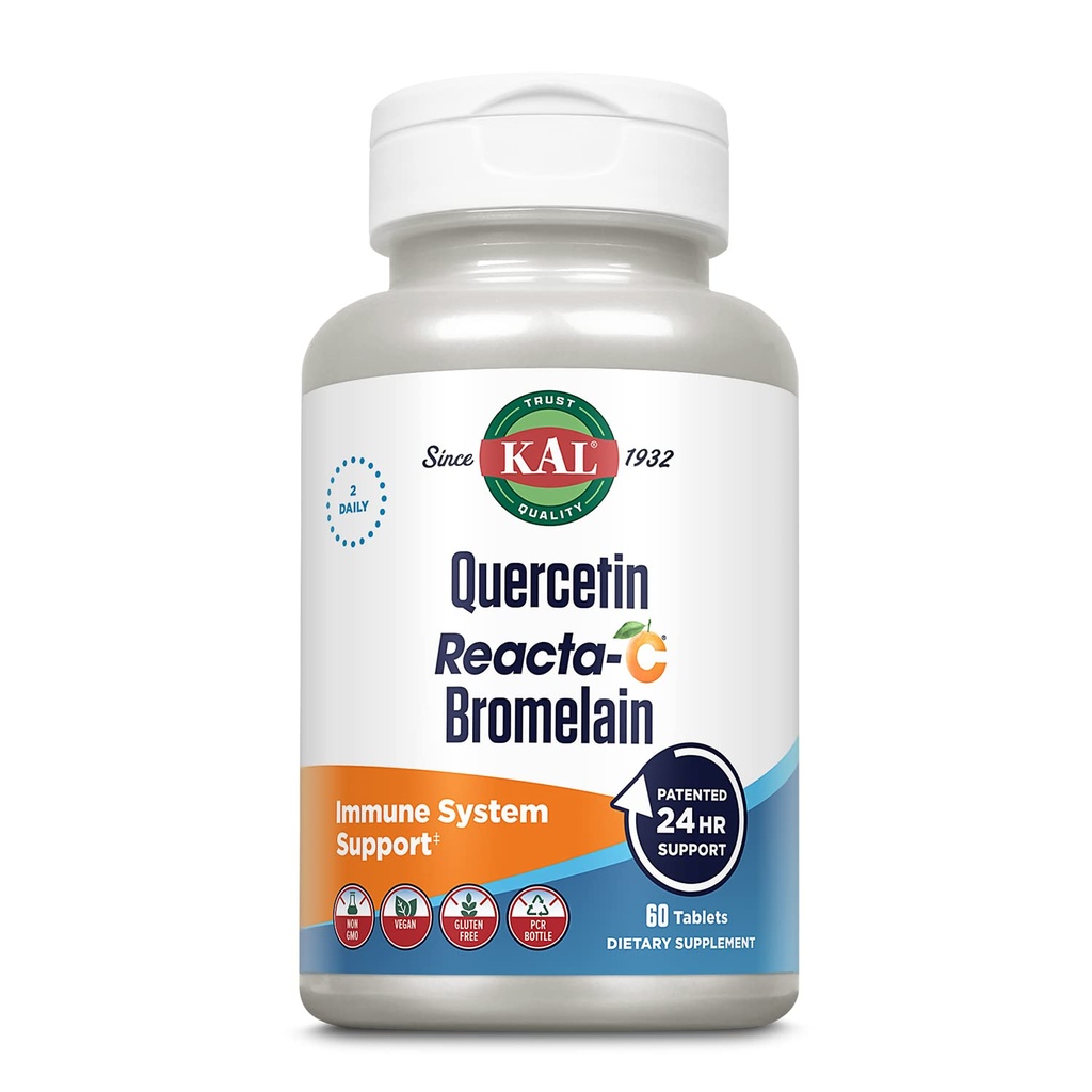 KAL Quercetin Reacta- C Bromelain Support Ammune, 24 Hour Ammune Defeniot with Bioflavonoid, Vitamin C 1000mg dan Quercetin 500mg, Vegan, Gluten Free, 60-Day Asurantee, 30 Serv, 60 tablet