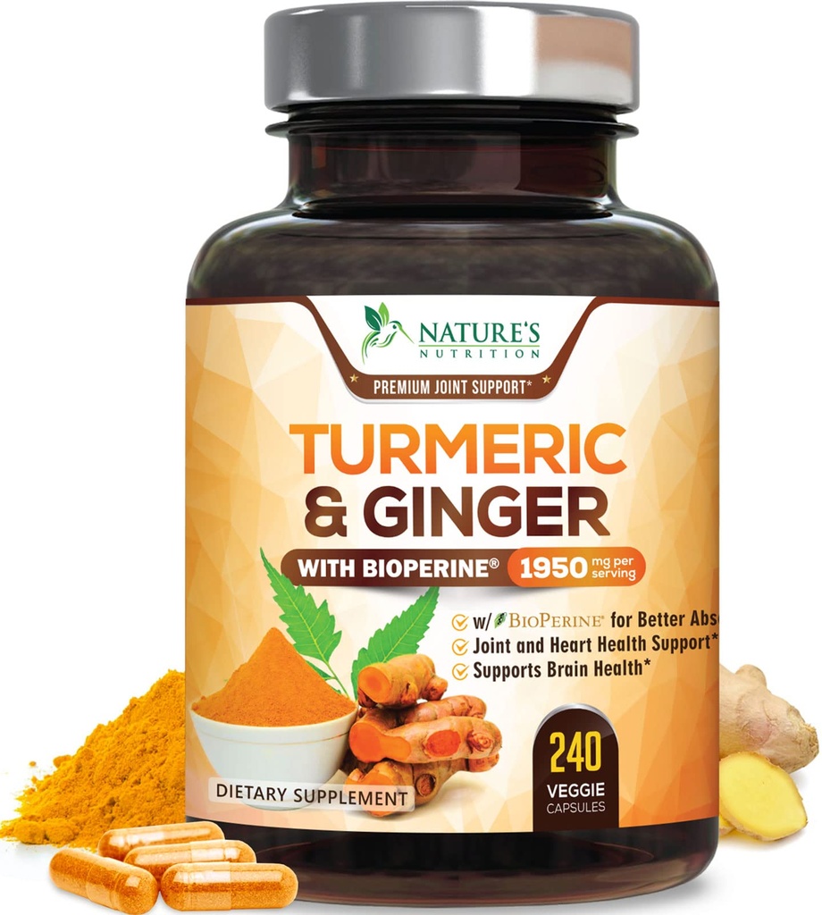 Suplemen Turmeric Curcumin 1950mg - 95% Curcuminoid dengan Organic Turmeric & Ginger, BioPerine Black Pepper untuk Absorpsi Terbaik, Dukungan Bersama Vegan Alam, Non- GMO, Botol di AS - 240 Capsules