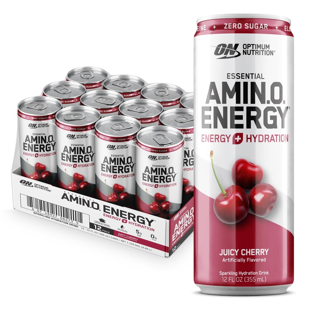 Optimum Nutrition Amino Energy Sparkling Hydration Drink, Electrolite, Caffeine, Acids Acids, BCAAs, Sugar Free, Juicy Cherry, 12 Fl Oz, 12 Paket (Packaging May Vary)