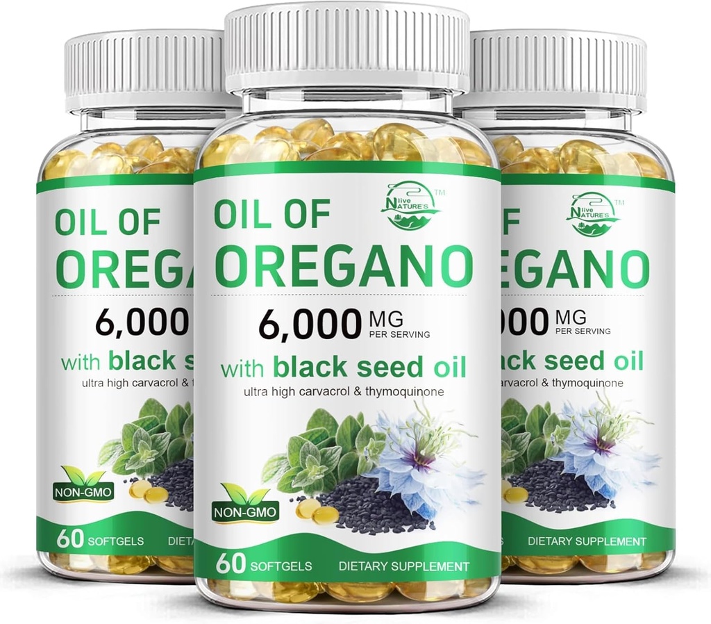 Nature 's live Oil of Oregano with Black Seed Oil, 2 in 1 Oregano Supplement for Ammune Health, Mempertahankan Tinggi konsentrasi Carvacrol & Thymoquinone, Non- GMO, 3 Pack
