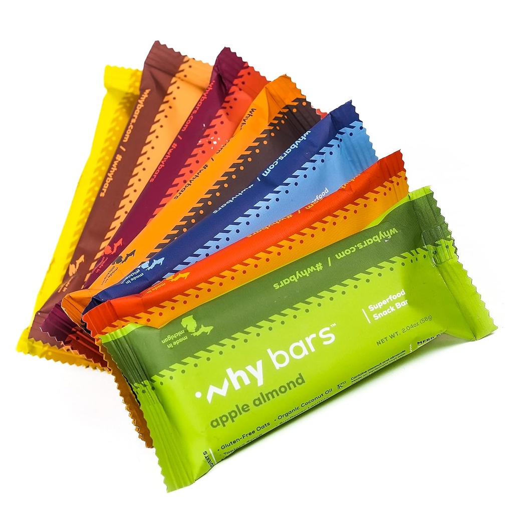 Mengapa Bars, Protein Bars, Variety Pack, 2.04 Ounce Bars (Pack of 7 Protein Bars) - Protein Bar Superfood, Gluten Free, Non GMO, Organik, Vegan, Ingrediens sederhana