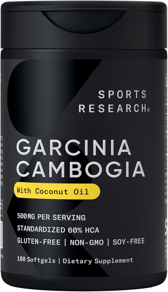 Sports Research Garcinia Cambogia Extract (60% HCA) dengan Ekstra Virgin Organic Coconut Oil 124; Non-GMO, Soy & Gluten Free (180 Liquid Softgels)