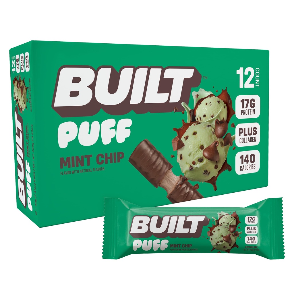 Bar Built, Puff Protein Bars, Mint Chip Puff, 17g Protein Snacks, OnTheGo Bars, Only 140 Calories, 6g Sugar, Collagen, Gluten Free, 12 Count