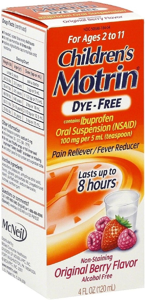 Motrin Children 's Dye- Free Pain Reliever / Fever Reducer, Original Berry Flavor 4 oz (10 Pack)