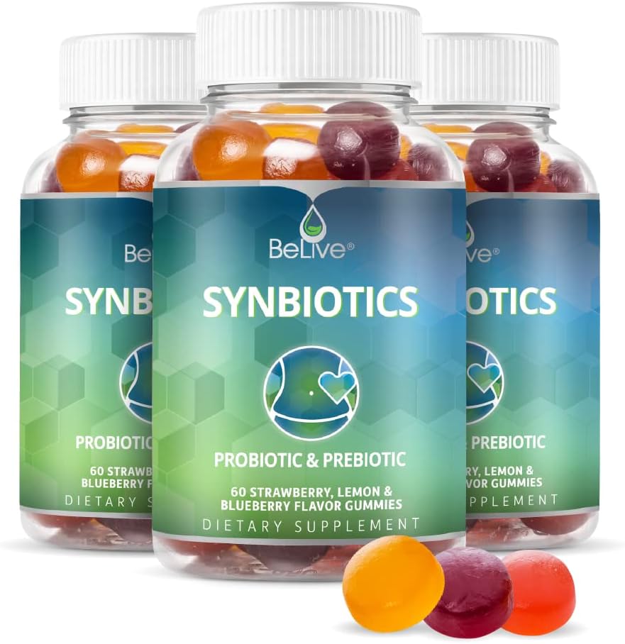 BeLive Syndones - Probiotic & Prebiotic Fiber Gummies - High Strength Inulin (3g), Dietary Fiber Supplement, Digetical Support for Children & Dewasa - Strawberry, Lemon, Blueberry Flavor 124- Pack