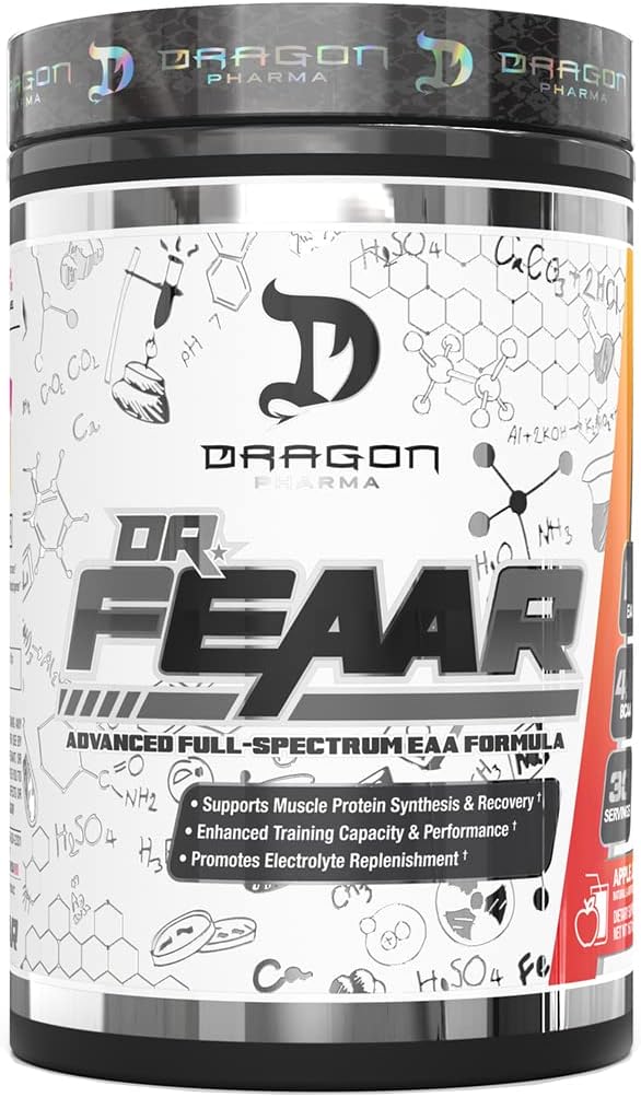 DRAGON PHARMA Dr FEAR ® Full-Spectrum EAA Matrix, Mendukung Synthesis Muscle Protein dan Pemulihan, Peningkatan Kapasitas Pelatihan dan Performance (30 Pelayan, Jus Apple)