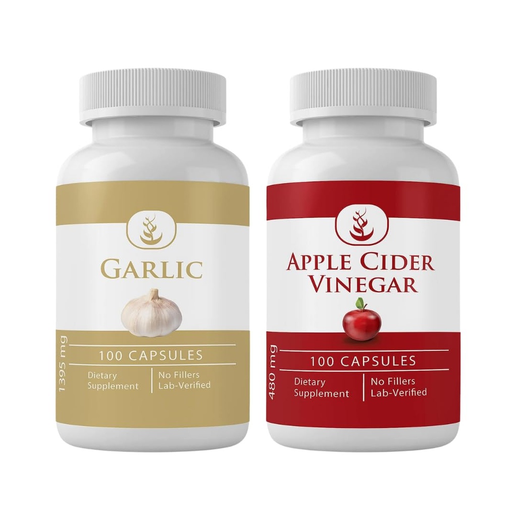 PURE ORIGINAL INGREDIENTS Bawang putih & Apple Cider Vinegar Capsule Bundle (100 Kapsul Masing-masing), Tidak Ada Additives atau Fillers, Lab Verified