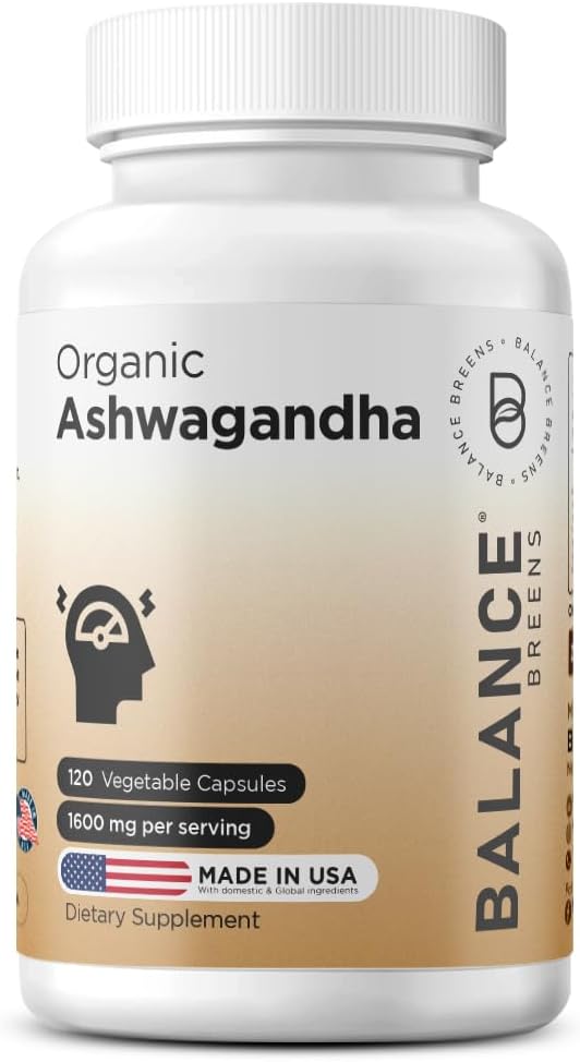 Sertifikasi Organik Ashwagandha 1600mg, 120 Veg Capsules - Support Sleep & Balanced Energy Levels (120 Count (Pack of 1))
