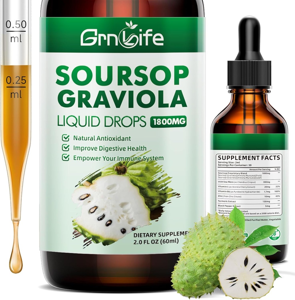 (1 Kemas) Soursop Graviola Drop dengan Sea Moss & Turmeric, Soursop Bitters Liquid untuk Dukungan Sel & Regenerasi, AntioksidanImune, 2 Fl / Oz