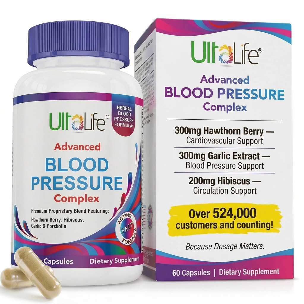 Suplemen Tekanan Darah ULTALIFE - Advanced Blood Pressure Complex Tekanan Darah - Hawthorn Berry, Hibiscus, Garlic, Forskola - 14 Vitamin & Herbs, 30 Hari Supply di Veggie Capsules