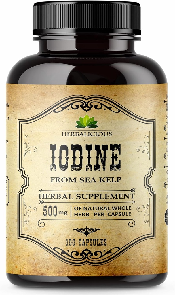 Tablet Iodin HERBALIOUS - Natural Iodin dari Sea Kelp - Thyroid Suplemen Energi, Dibuffic, Brain & Bone Health - Non-GMO, Gluten- Free - 100 Kapsul