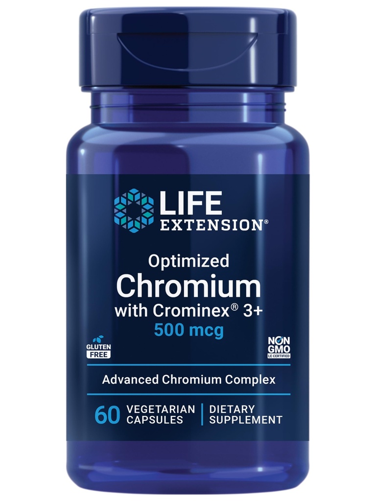 Ekstensi Hidup Teroptimasi Chromium dengan Crominex 3 + 500 mcg, Metabolisme Kesehatan, Keseimbangan Sehat, Vegetarian, Gluten Bebas, Non-GMO, 500 mcg, 60 Vegetarian Capsules