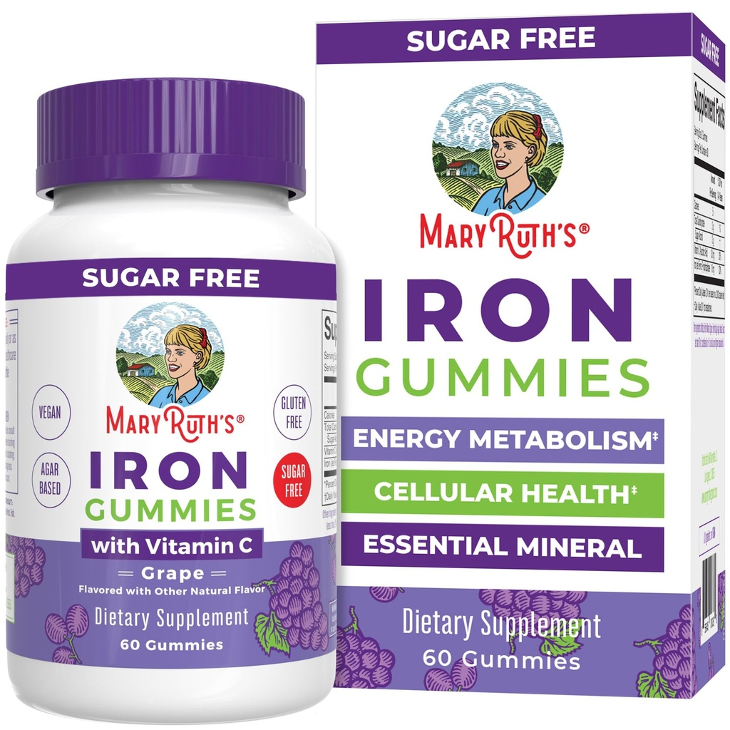 MaryRuth Organics Iron Gummies for 14 + with Vitamin C for Absorpsi 124; Sugar Free Suplement, Gummy Iron Suplement + VIT C 124; Energy Metabolisme 124; Cellular Health 124; Ammune Support 124; Vegan 124; Non-GMO 124; 60 Count