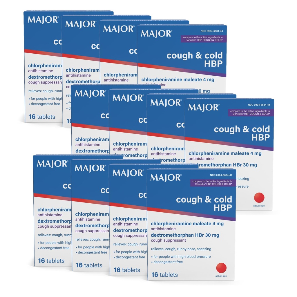 MAJOR Cough and Cold HBP Tablet - Antihistamin dan Cough Supresan untuk Orang dengan Tekanan Darah Tinggi - Dextromethorphan HBr, Chlorpheniramine Maleate - 16 Count (12 Pack)