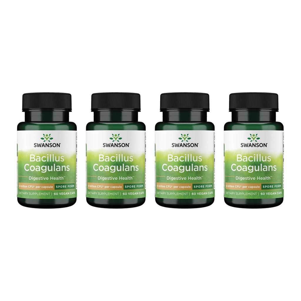 Swanson Bacillus Coagulans - Tambahan Probiotic Alam Mendukung Kesehatan Digetical w / 6 Milyar CFU - Mei Dukungan GI & Overall Gut Kesehatan - (60 Veggie Capsules) 4 Pack