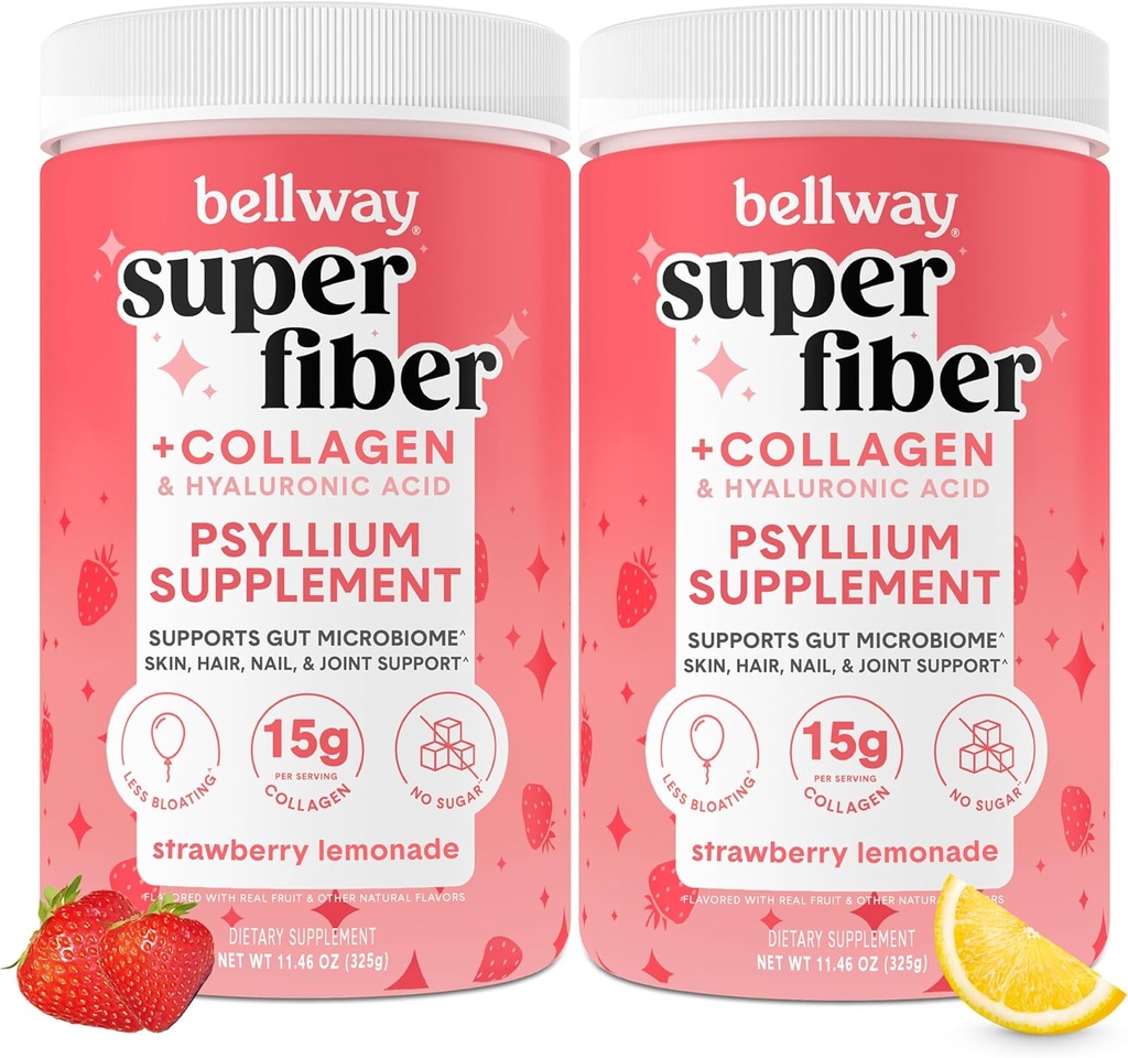 Bellway Super Fiber Powder + Collagen (2 Pack), Sugar-Free Psyllium Husder Powder dengan Collagen Peptides untuk Kesehatan Gut, Sehat Skin, Nails, Bones & Joints, Strawberry Lemonade (22.92 oz)