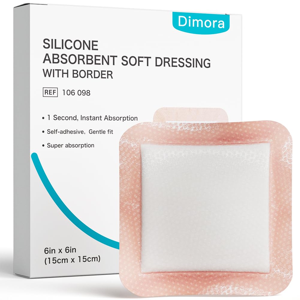 Dimora Silicone Super Absorbent Weund Dressings - Gentle Adhesive Bandages with Ultrasorb Polymer, Heavy Exudate Wound Care Pads 6 "X 6" 10 Packs