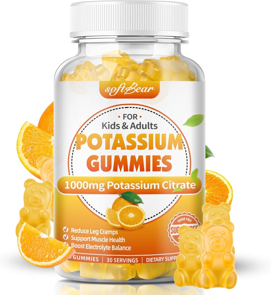 Temperatur Potasium Potasium 1000mg, Gummies Potasium Bebas Gula untuk Hambatan Orang Dewasa Kaki & Kaus Tinggi Kesehatan Potensi Penambungan Temperamen Gummies Orange Flavor 60 Count
