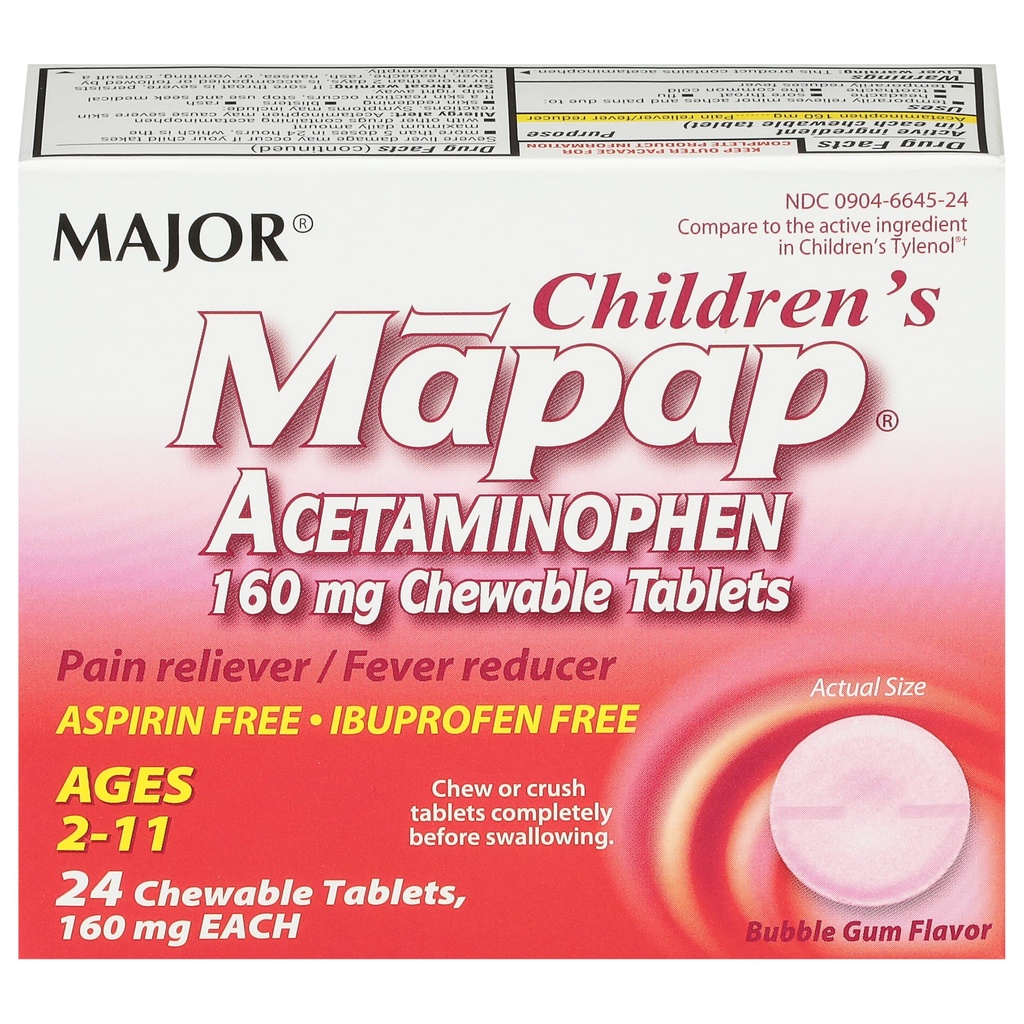 MAJOR Children 's Mapap Acetaminopenhen 160 mg Cable Tablet - Reliever / Fever Reducer - Aspirin Free - Ibuprofen Free - for Ages 2 sampai 11-24 Count (1 Pack)