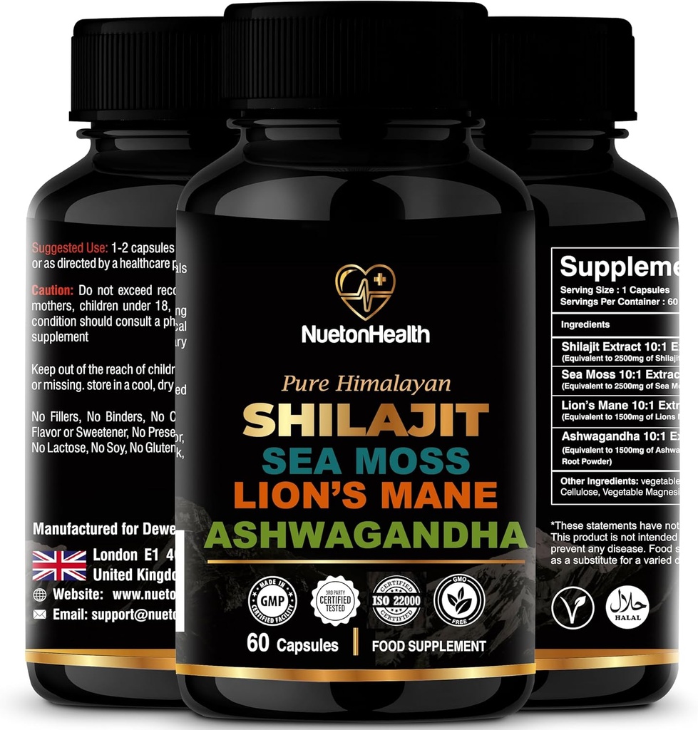 Shilajit, Sea Moss, Lion 's Mane, dan Ashwagandha Capsules - Comprehensive