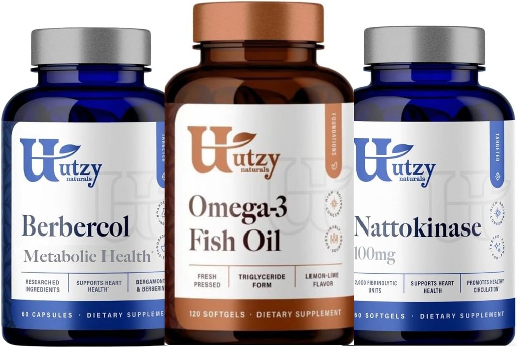 Utzy Compials Berbercol 124; 500mg Citrus Bergamot (sebagai Bergamonte) & Berberine, Nattokinase 124; 100mg + Omega 3 Minyak Ikan