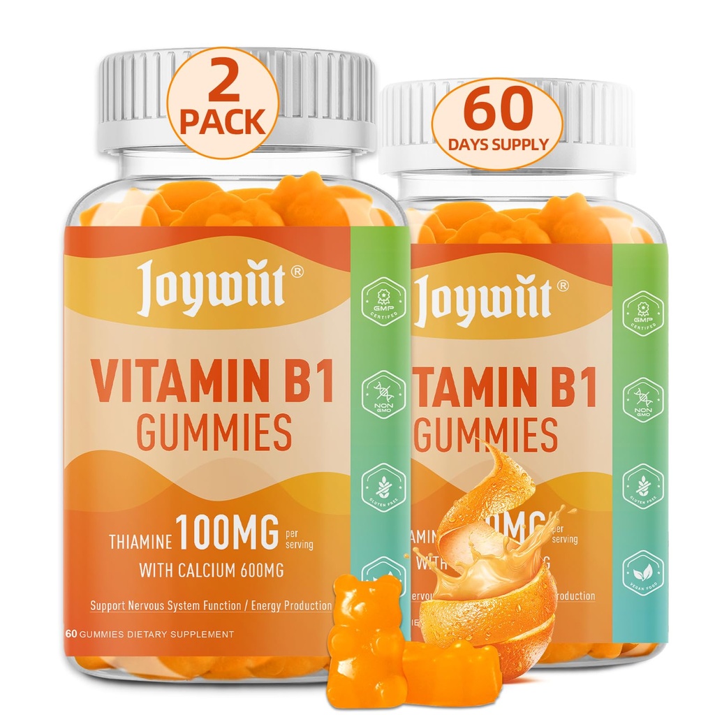 Vitamin B1 Gummies 100mg untuk Orang Dewasa & Anak-anak, Thiamine B1 Suplemen dengan 600mg Kalsium, Support Sistem Gugup & Boost Energy, Orange Flavor, Non GMO, Vegan, 120 Gummies Chewable