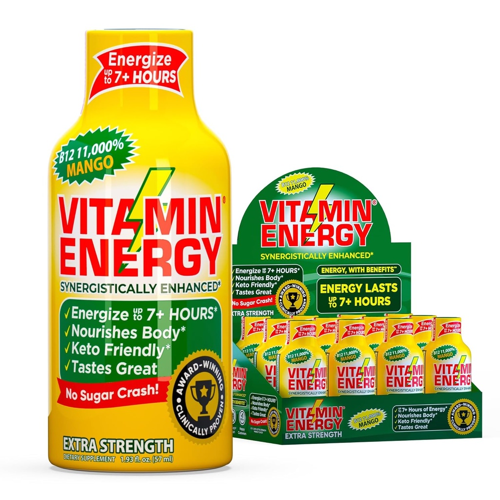 Vitamin Energy B12 11.000% Spear Energy Shot Mangga 12 Pack, 260mg Natural Caffeine, B12 & B6, Nootropic Focus, Vitalitas, Zero Sugar, Gluten- Free, Vegan, Kosher, 1.93 fl oz