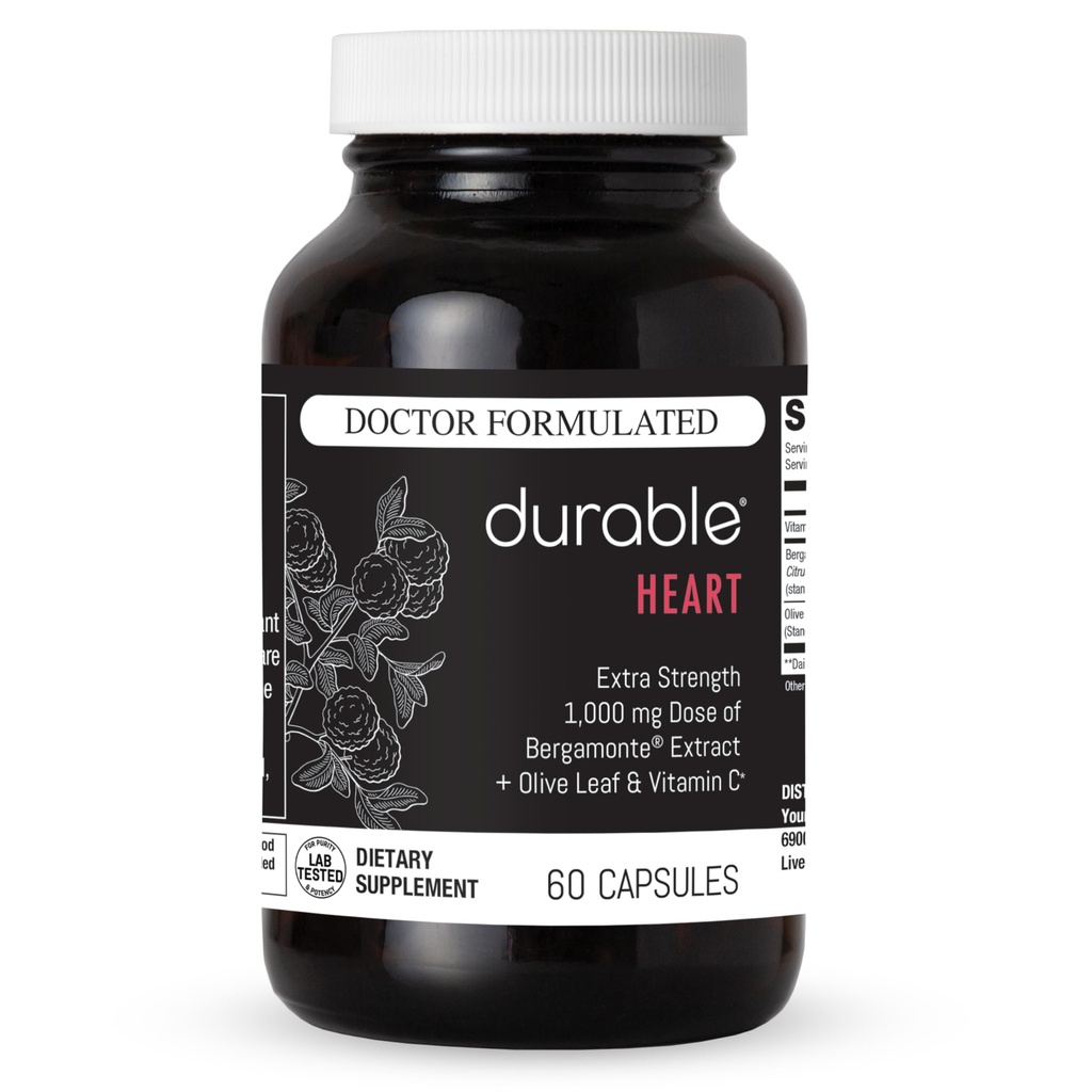 Durable Heart - Bergamonte Citrus Bergamot 1.000 mg + Olive Leaf Extract + Vitamin C - Heart Health Sualth Supporol - Dokter Formulate, Vegan, Non-GMO, Dibuat di USA (60 Capsules)