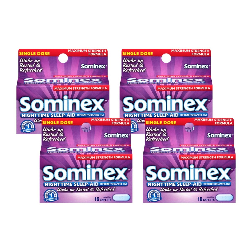 Sominex Nighttime Sleep-Aid Caplets, Maximum Strength, 16- Count Box (Pack of 4)