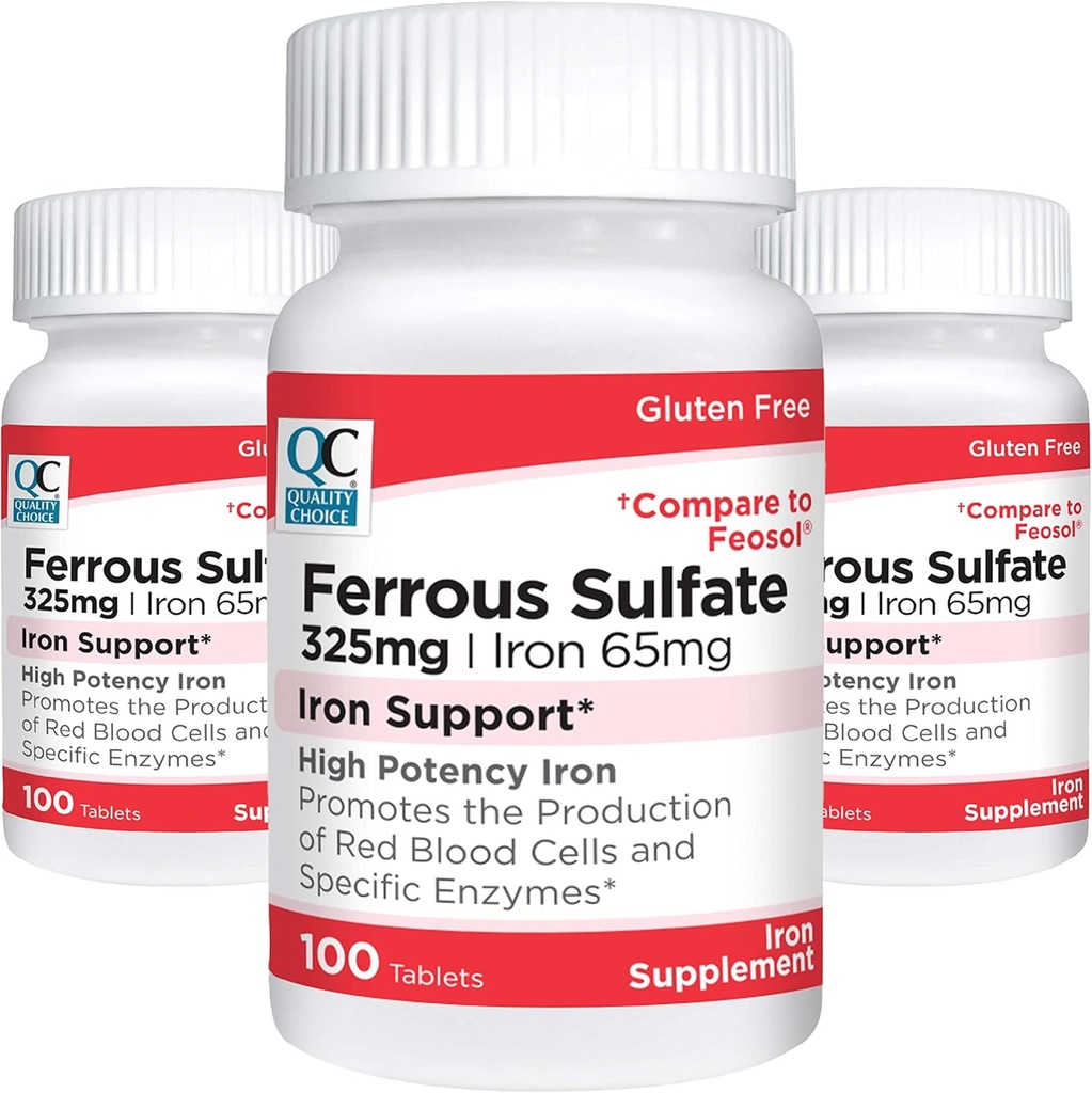 Kualitas Pilihan Besi 65 mg (325 mg Sulfate) Tinggi Potency Besi Tambahan Tablet dalam 100 Count Bottle (3 Pack)