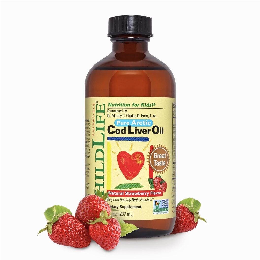 CHILDLIFE ESSENTIALS Cod Liver Oil for Kids - Anak Cod Liver Liquid, untuk Bayi 6 + Bulan, Toddlers, Added DHA, EPA, Omega-3 Fatty Acids - Strawberry, 8 fl oz