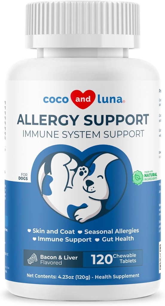 Dukungan Alergi bagi Dogs - 120 Tablets Chewable - dengan Vitamin C, Omega 3 dan Colostrum - Itch Relief, Allergy Relief for Dogs, Skin Sother - dengan Progories for Immune System Health