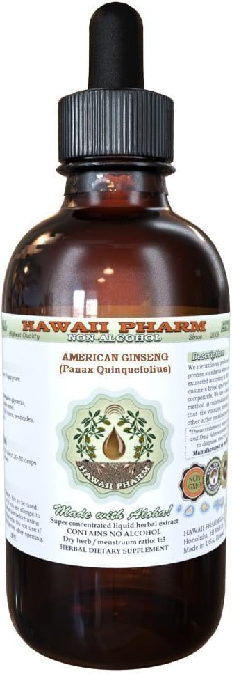 American Ginseng Alcohol- Free Liquid Extract, Ginseng (Panax Ququineefollius) Root Kering Glycerite Hawaii Pharm Natural Herbal Supplemen 4 oz