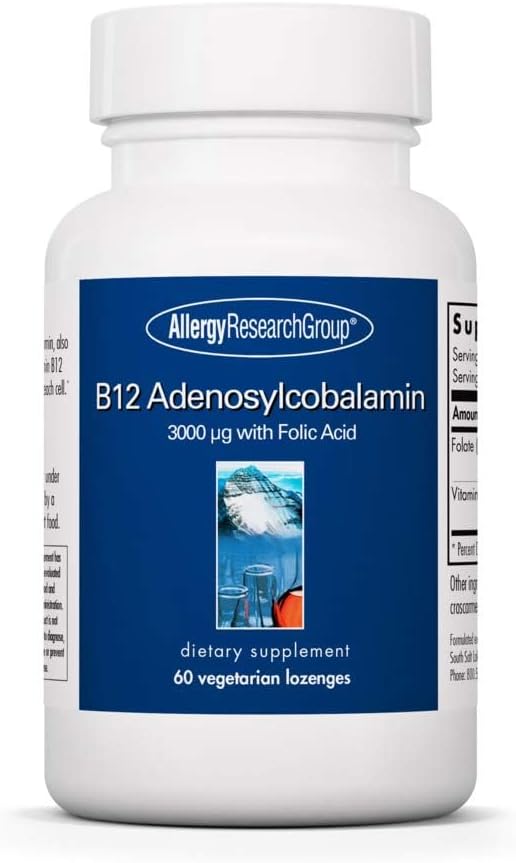 Kelompok Penelitian Alergy B12 Adenosylcobalamin Suplemen - dengan Acid Folic, Vitamin B12 3000 mcg, Folate, Pure B12, Lozenges Vegetarian - 60 Count
