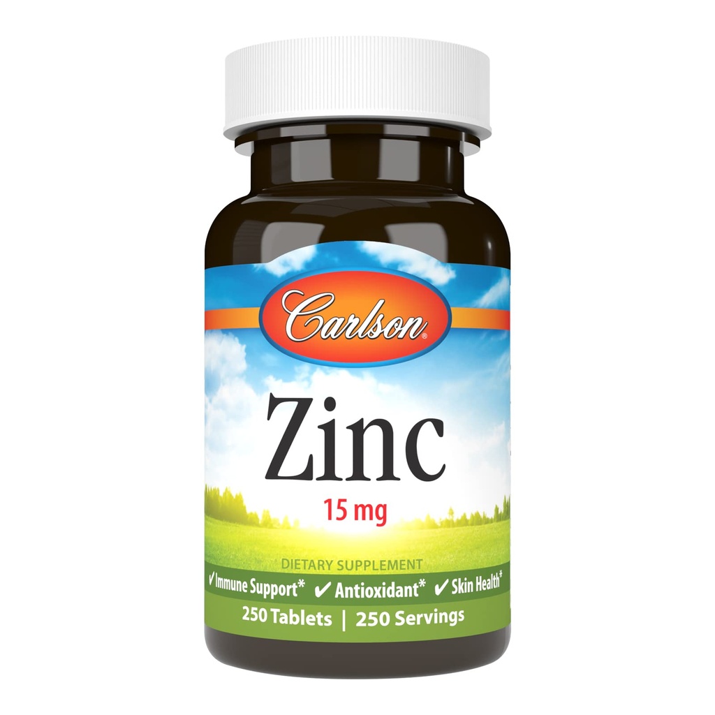 Carlson - Zinc, 15 mg, Zinc Supplement, Zinc Gluconate, Imune Support & Skin Health, Zinc Tablet, Antioksidant, Zinc Capsules, 250 Tablet