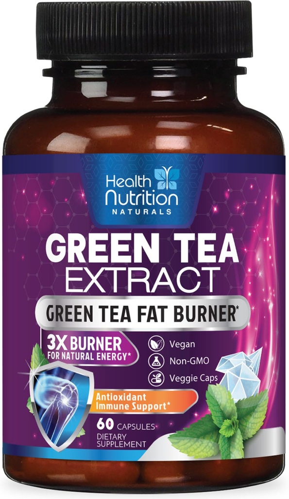Capsules Ekstrak Hijau - Standardisasi 45% EGG & 98% Polyphenols - 3X Tea Green Natural Energy, Herbal Suplemen dengan Dukungan Kesehatan Hati & Antioksidant, Botol di Amerika Serikat - 60 Kapsul