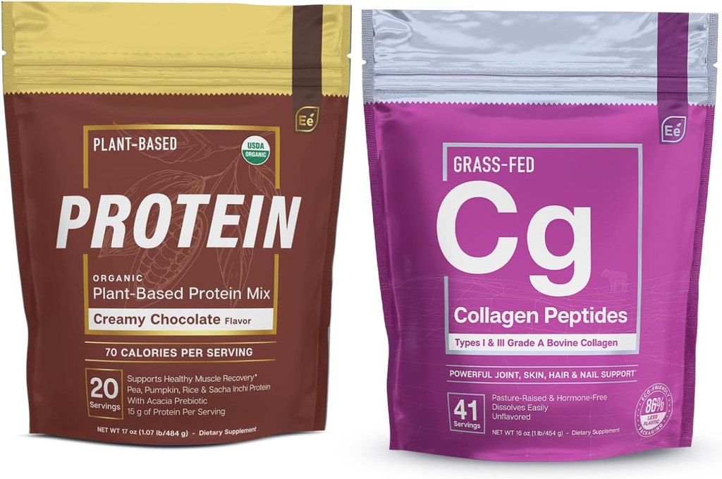 Elements Hidrolyzed Collagen Peptides Powder & Organic Pea Protein Powder - Creamy Chocolate 124; Gabungan, Skin, Hair, & Nail Dukungan + Lower-carb Plant - berbasis Vegan Blad