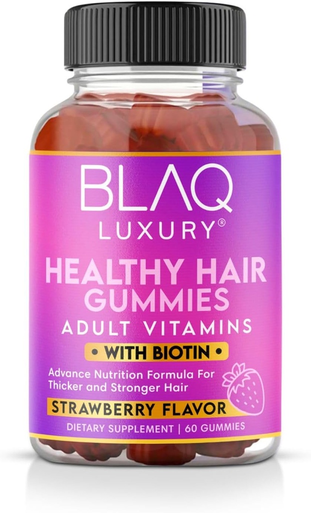 Blaq Luxury Biotin Gummies - Perkembangan Rambut, Iodin, Zinc 124g Mcg per Serving 124; Vitamin B12, B6, Acid, Persediaan Rambut 124; Penentuan Rambut untuk Perkembangan Rambut bagi Perempuan & Pria & Pria 114; 1 Bulan