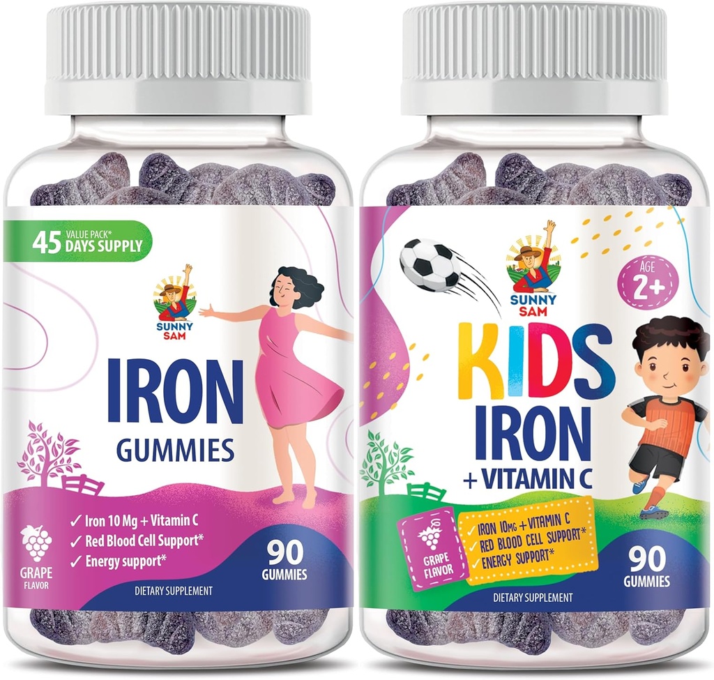 SUNNY SAM Iron Gummies for Kids & Dewats - Iron Vitamin with Vitamin C, 10mg per Serving - Iron Chewable Fruit Gummy for Imune Dupport Red Blood Cell Production