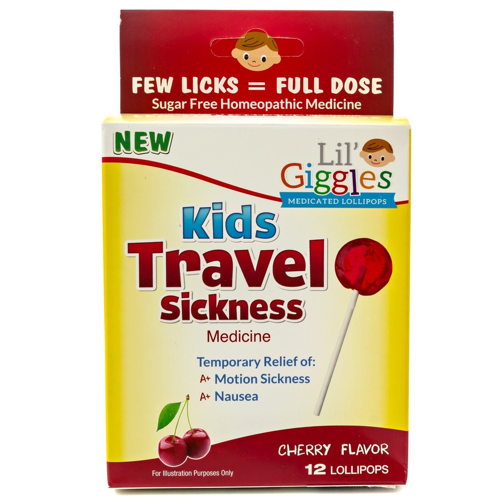 Lil 'Giggles Kids Medicted Lollipops - Sweet Gentle Relief for Children & None-dungsy - for Cickness, Travel Nausea & Motion Sickness Remedy Lief Love - Cherry Flavor 12 CT