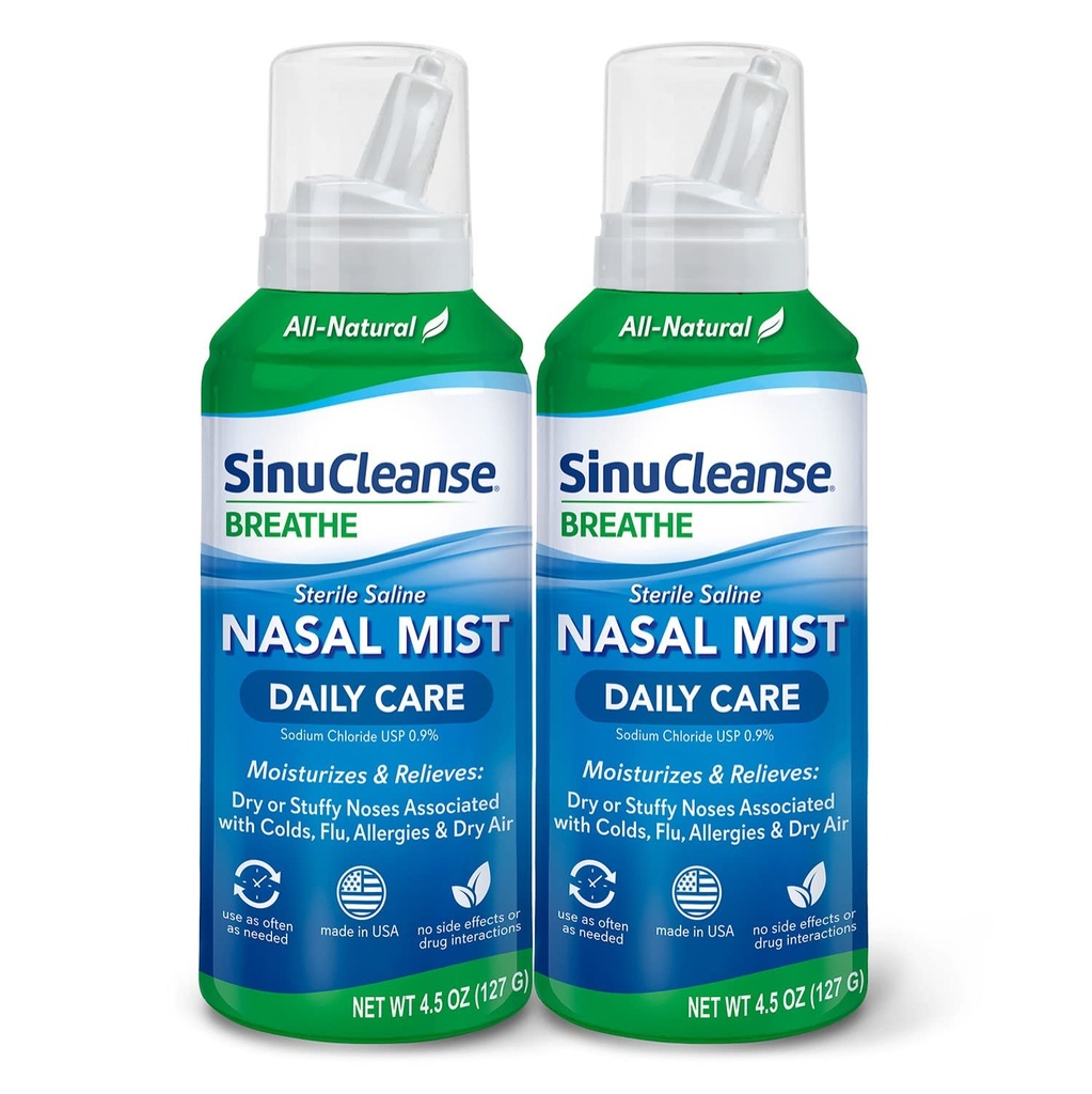 SinuCleanse Daily Care Saline Nasal Spray, Ultra Fine Mist, Moisturizes & Relieves sehari-hari Hamil Nasal Karena Colds & Dry Air, 4.5 Oz (2 Pack), dibuat di USA
