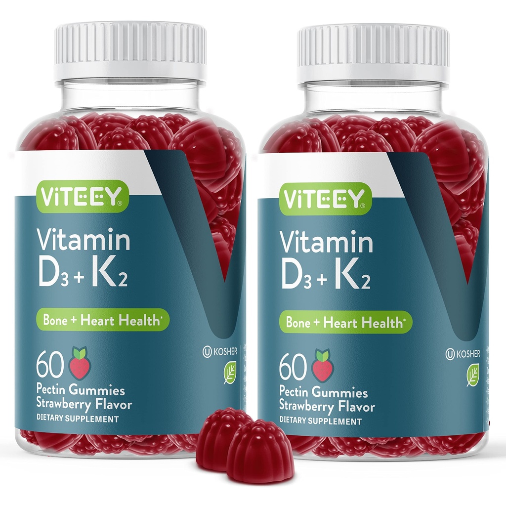 VITEEY Vitamin D3 K2 Gummies - 1000 IU Vitamin D3 dan K2 100mcg - Bone & Heart Health for Dewata dan Teens - Vegetarian, Gelatin Free, GMO Free - Tasty Chewable D3K2 Vitamin Strawberry Flavored Gummy
