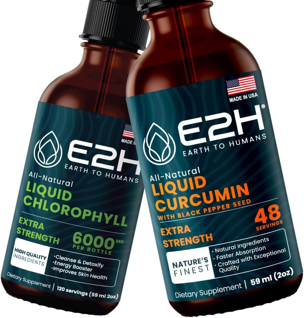 E2H: Cair Chlorophyll dan Cair Curcumin Turmeric 12.4; Vegan, Non-GMO - 2 Fl Oz Masing-masing (4 Fl Oz Total) - Bundle