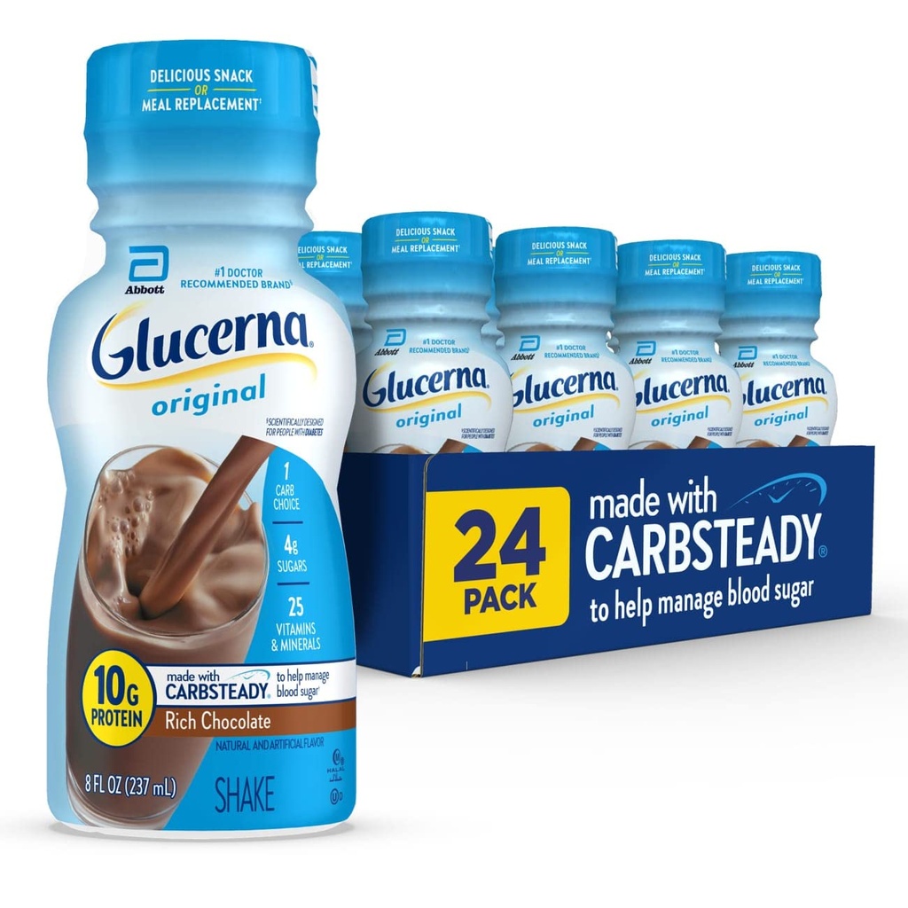 Glucerna Original Diabetes Care Shake, Rich Chocolate, Diabetic Meal Replacement to Dukung Blood Sugar Management, 10g Protein, 180 Calories, Siap untuk Minum, 8- Oz Botol, 24 Pack