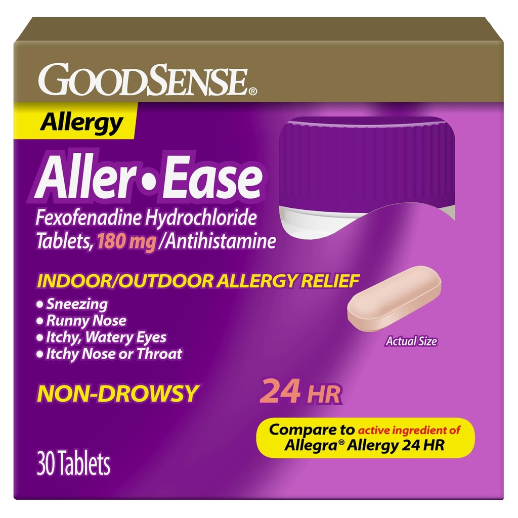 GoodSense Aller-ease - Fexopenadine Hydrochloride 180 mg Tablet - 24- Hour Allergy Medicine for Indoor & Outdoor Relief, 30 Count