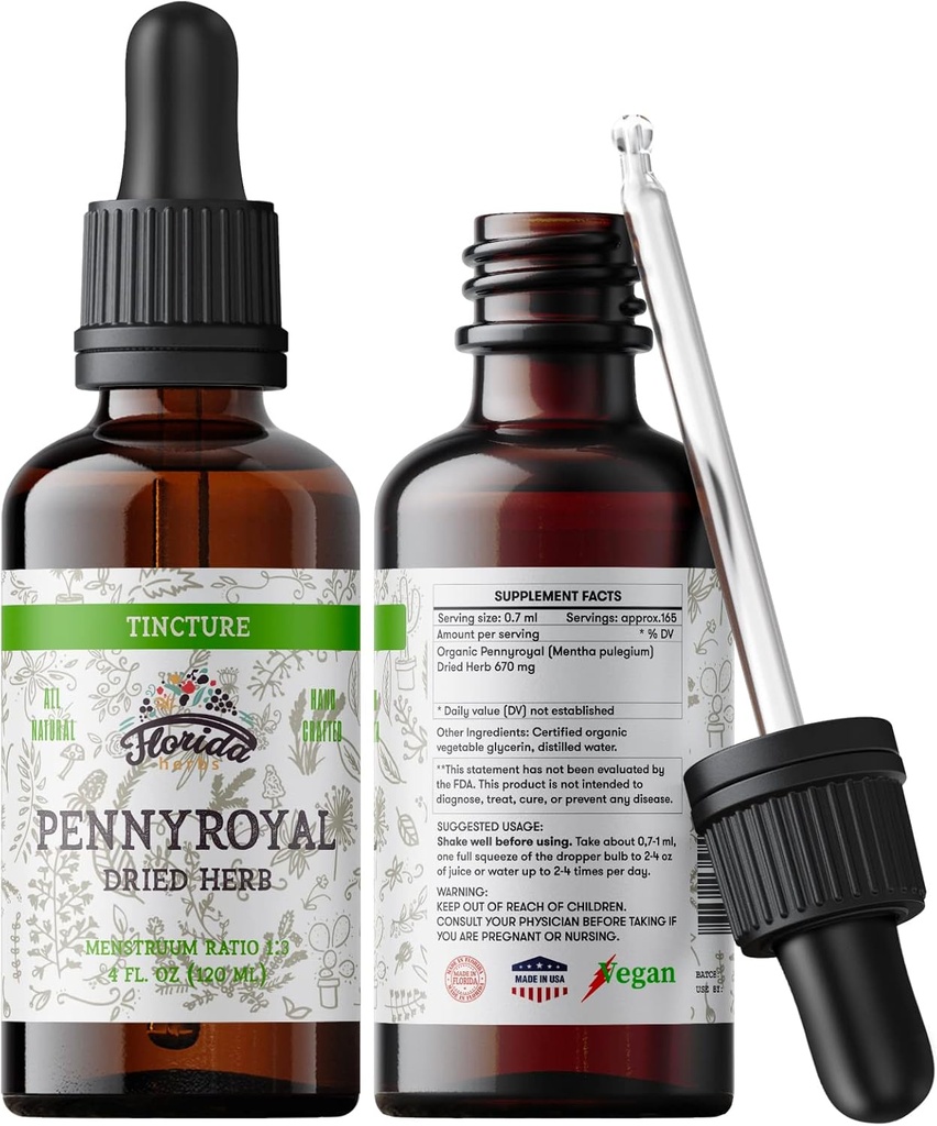 Pennyroyal Tincture, Ekstrak Organik Pennyroyal (Mentha pulegium) Kering Herb, Non-GMO di Cold- Menekan Organic Vegetable Glycerin 2 oz, 670 mg