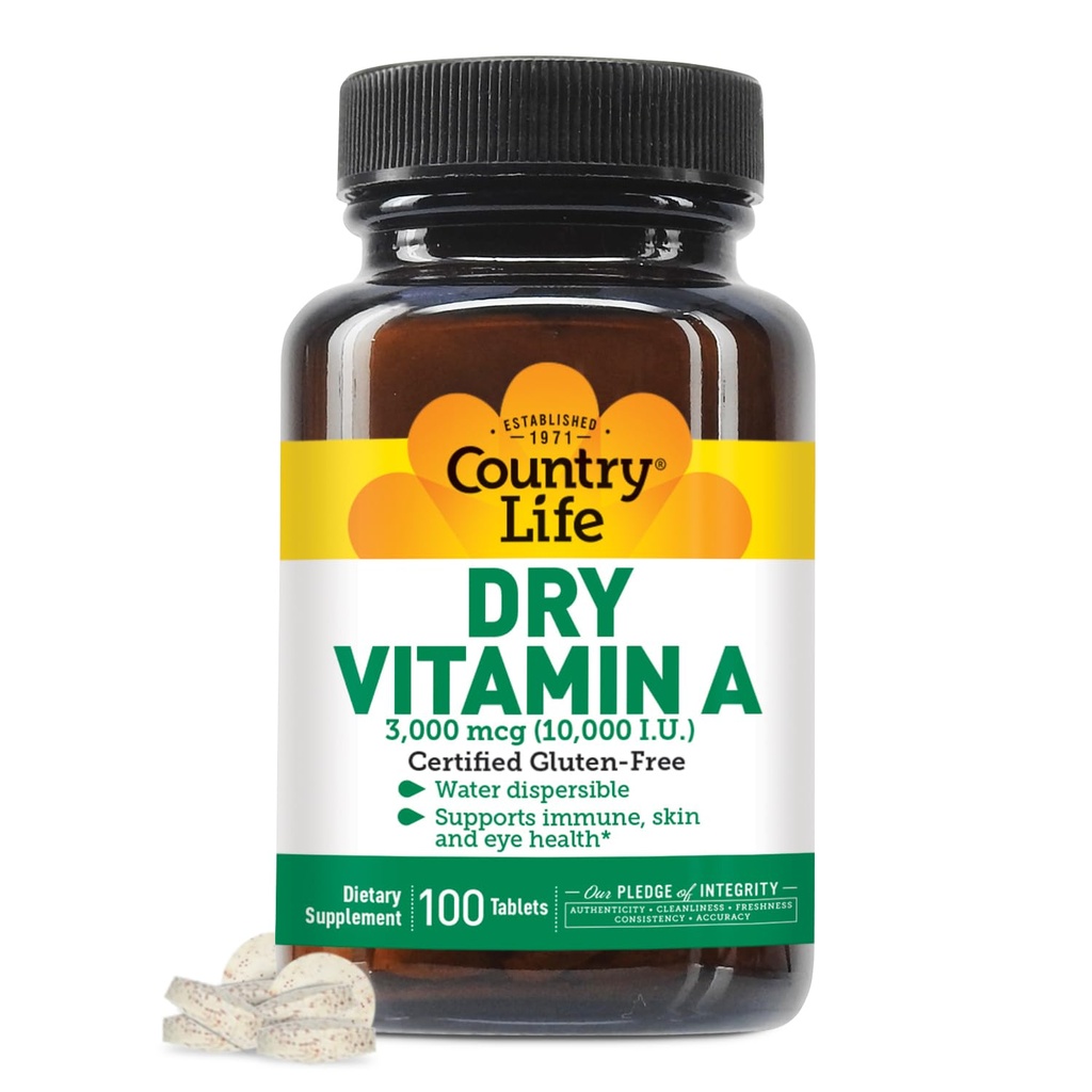 Country Life Vitamin A 10.000 IU - Dukungan Imune, Skin & Eye Health Suplemen, Gluten- Free, Vegan, Halal, Kosher, 50% Beta- Carote & 50% Retinyl Palmitate, Pelan2 Absorpsi - 100 tablet