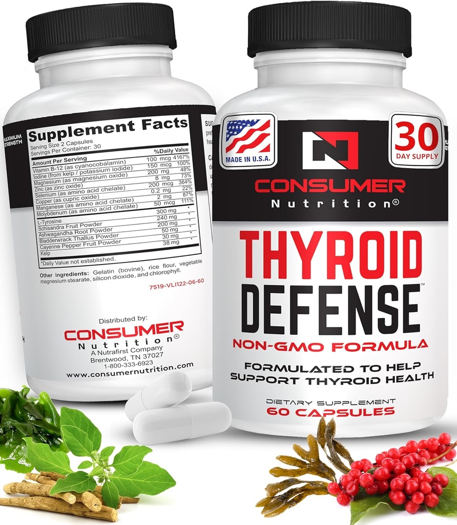 Dukungan untuk Perempuan & Pria - Ashwagandha, Cayenne, Schisandra, & Kelp for Thyroid Health - Zinc, Vitamin B12 & Iodin Suplemen Thyroid - Thyroid Pertahanan 30 Kapsul