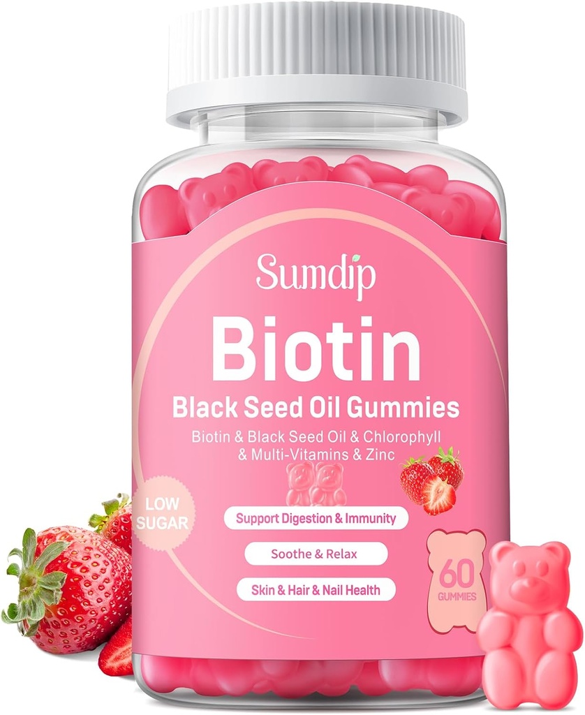 Gusi Minyak Benih Hitam dengan Biotin, Hamilune Dukungan Rambut Sehat & Skin & Nails untuk Perempuan dan Pria, Chlorofil, Zinc, Vitamin A, B6, B12, C, E, Vegan Suplemen - 60 Gummies