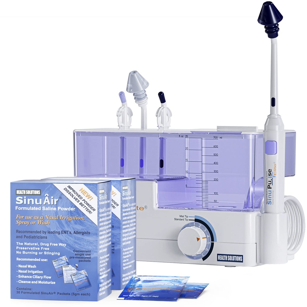 SinuPulse Elite Advanced Nasal Irrigation System - Pulsating Sinus Contraffic Relief & Sinus Rinse Machine, More Effective Than Neti Pot, Nose Spray atau Nasal Wash Bottle, with 90 SinuAir Packets